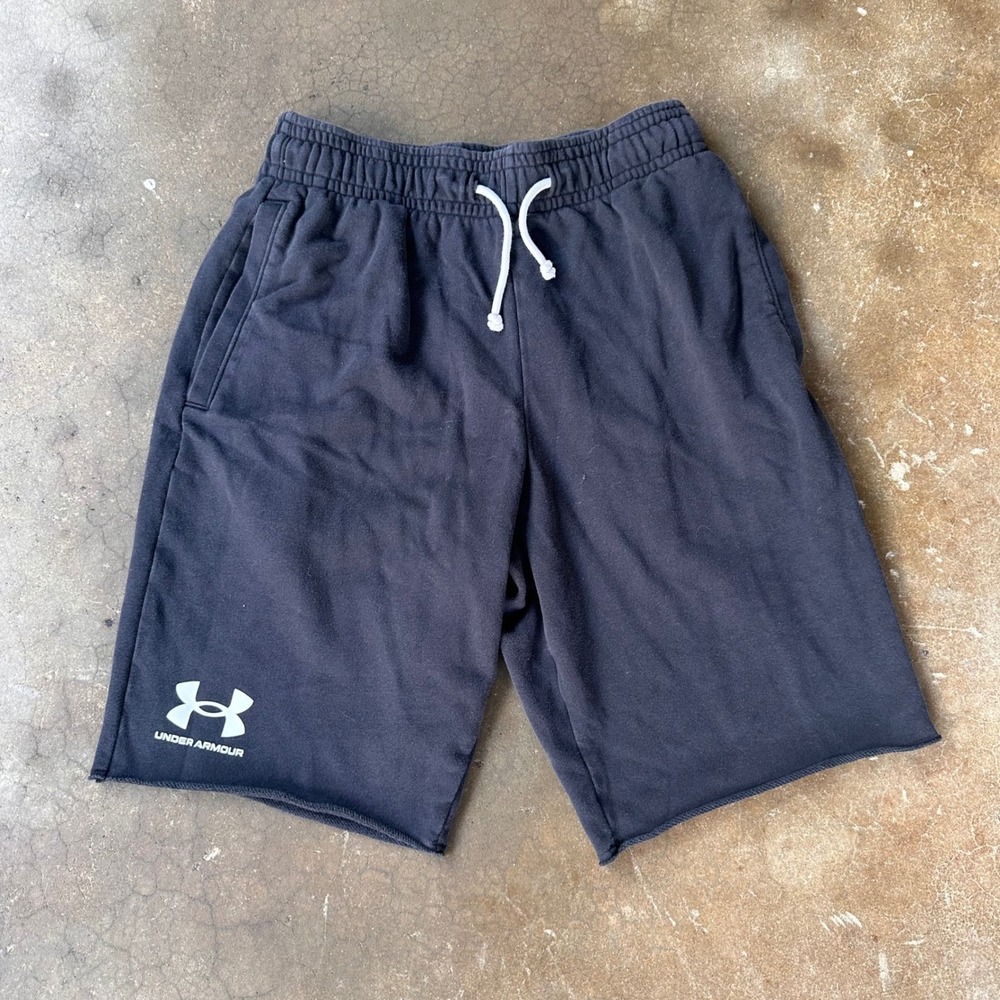 Under Armour Fleece Shorts Mens Medium Black Excellent Raw Hem Logo Drawstring